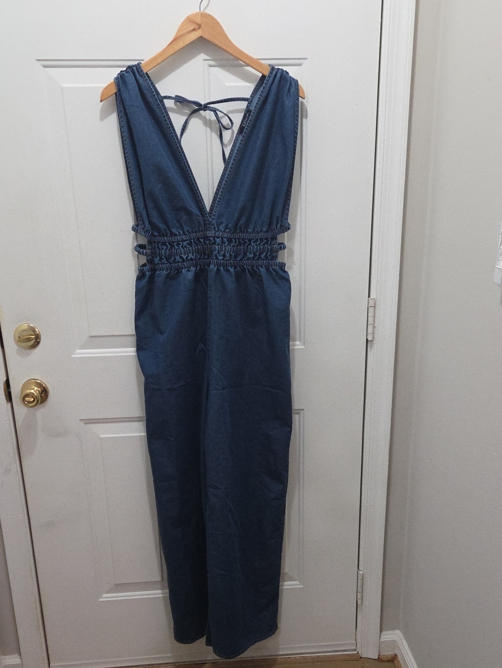 Blush Sleeveless Deep V Denim Jumpsuit - Blue XL